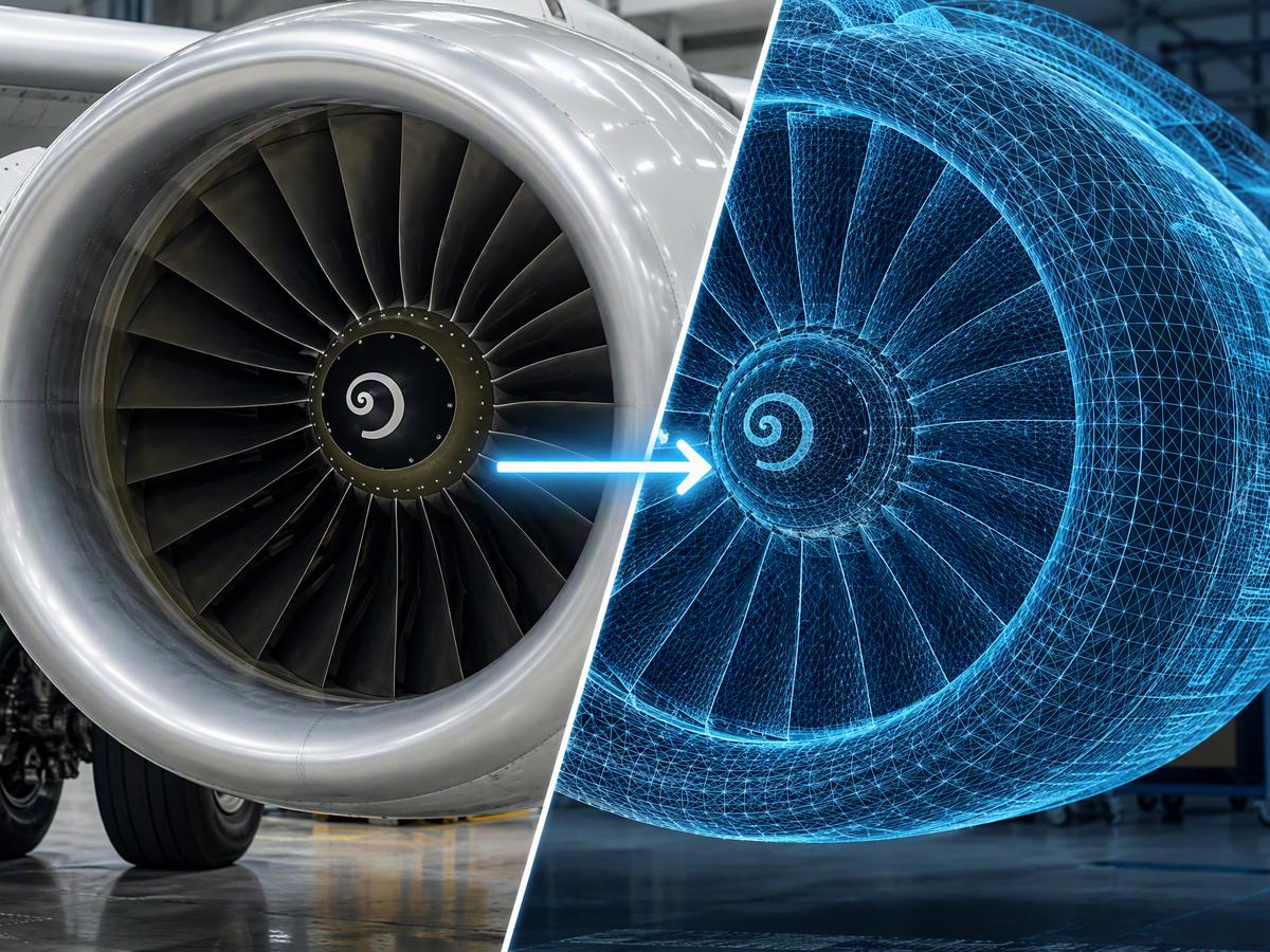 Moteur d'avion : moitié réelle, moitié numérisée